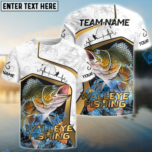 Bluejose Walleye Fishing White Marble & Gold Trim Splash Heartbeat Line Custom Name & Team Name 3D Shirts
