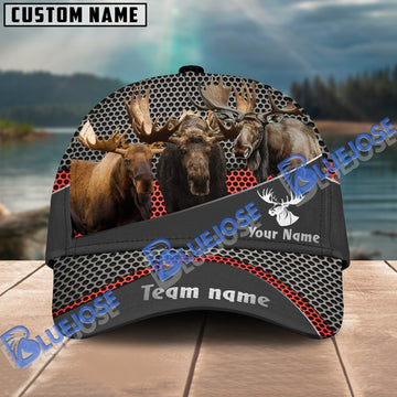 BlueJose Moose Hunting Personalized Name And Team Name Metal Pattern 3D Classic Cap