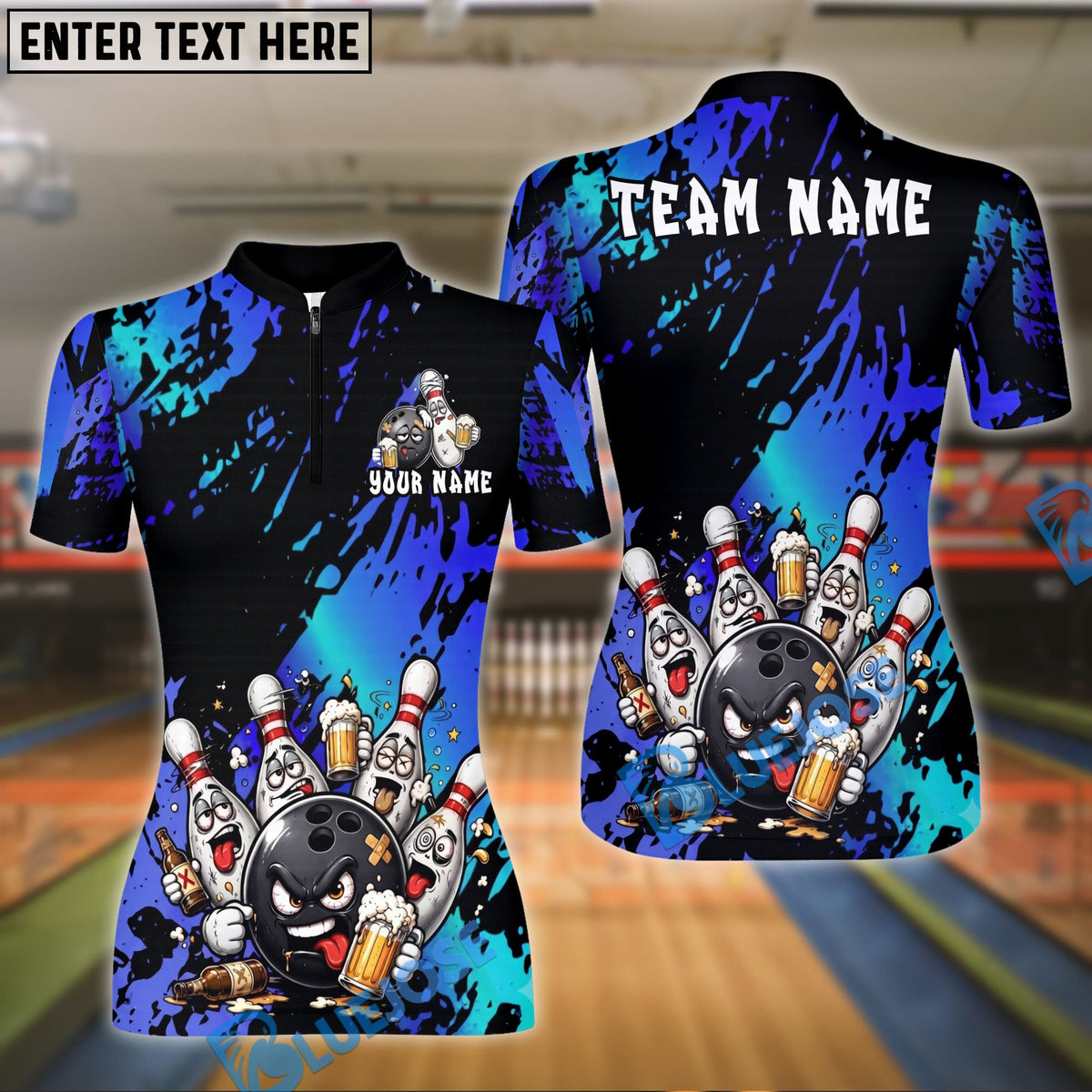 BlueJose Bowling And Pins Angry Ball Beer Party Customized Name, Team Name 3D Shirt (4 Colors)