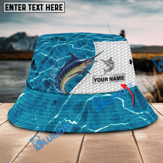 BlueJose Custom Name Marlin Fishing Blue Fishing Bucket Hat