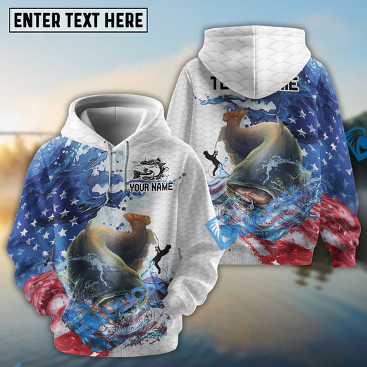 Bluejose Catfish Fishing Patriotic American Flag Wave White Skin Custom Name & Team Name 3D Shirts