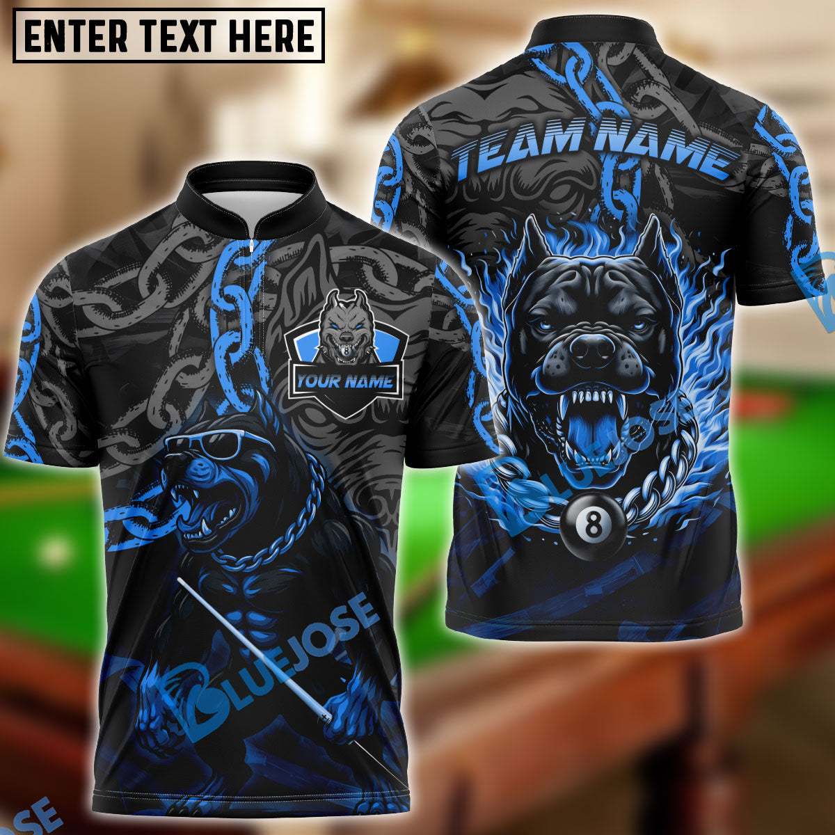 BlueJose Billiards 8-Ball Pitbull Flame Chain Personalized Name Shirt (4 Colors)