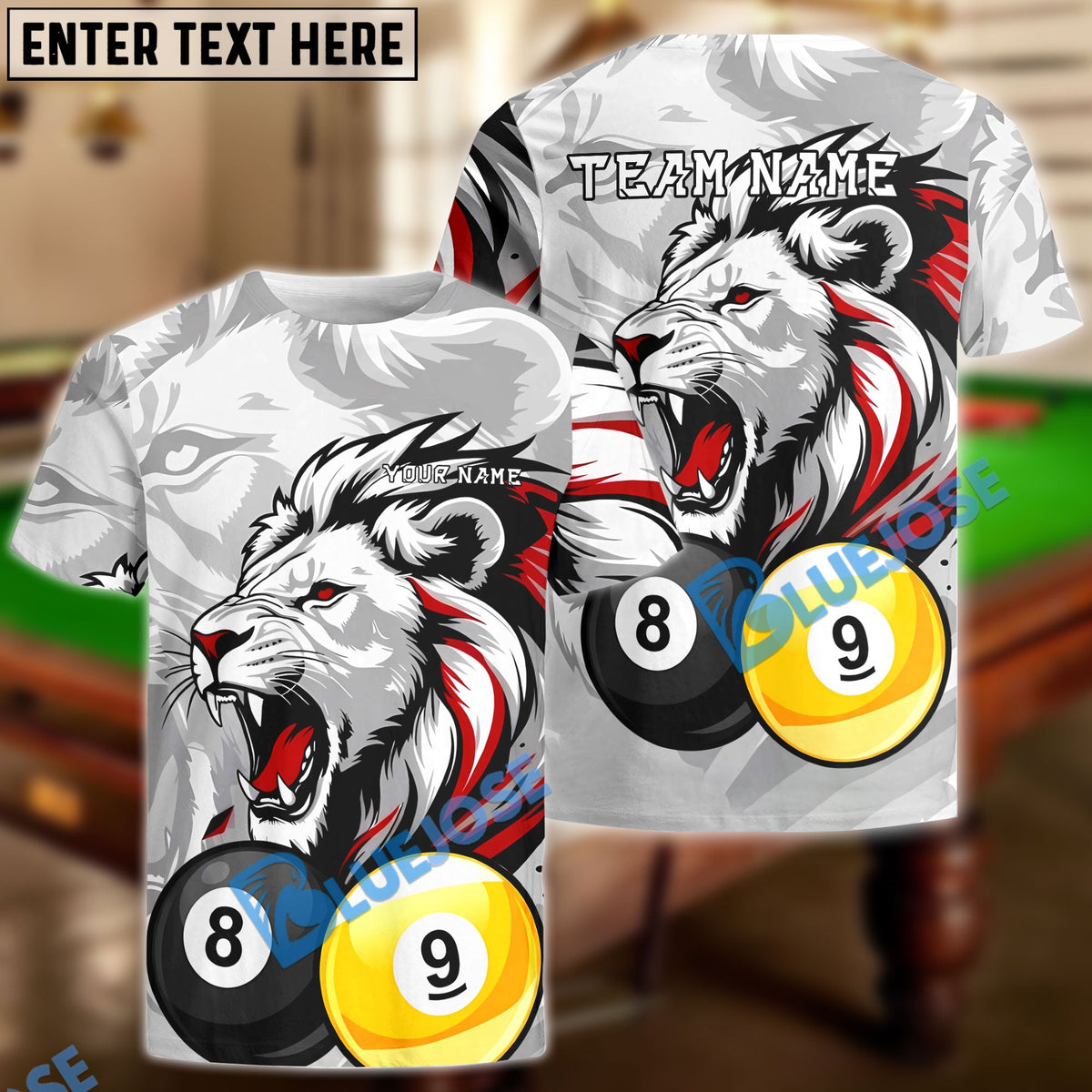 BlueJose Billiards Ball 8&9 Lion Accent Roaring Power Design Personalized Name Shirt (4 Colors)