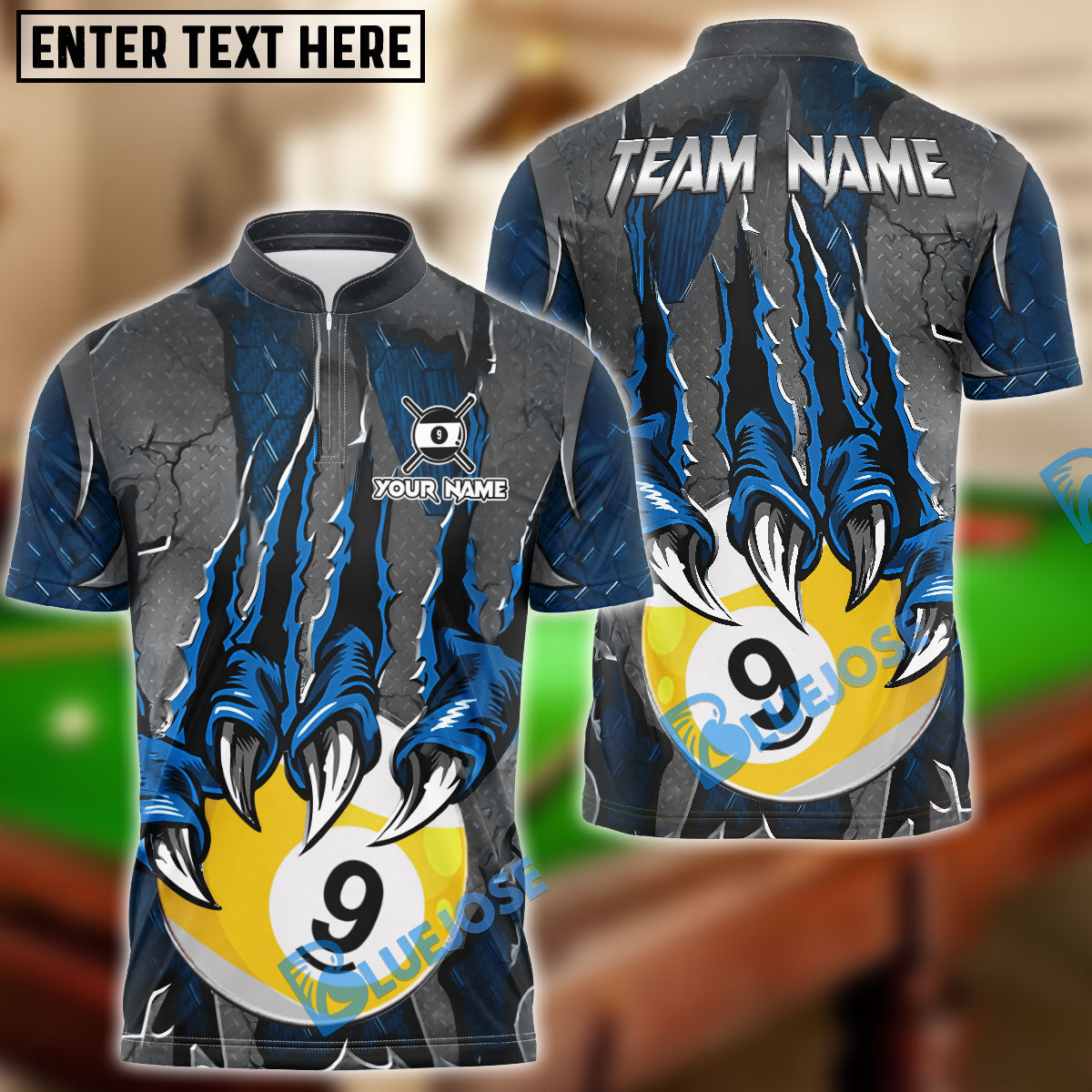 BlueJose Billiards Ball 9 Monster Hand Personalized Name Shirt (4 Colors)