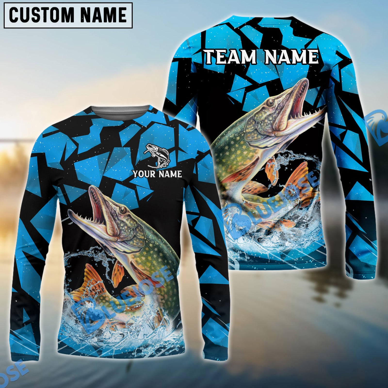 Bluejose Pike Fishing Geometric Camouflage Splash Art Custom Name & Team Name 3D Shirts