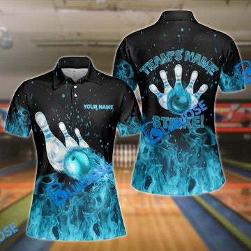 BlueJoses Strike Bowling Cyan Flames Personalized All Over Printed Shirt For Women