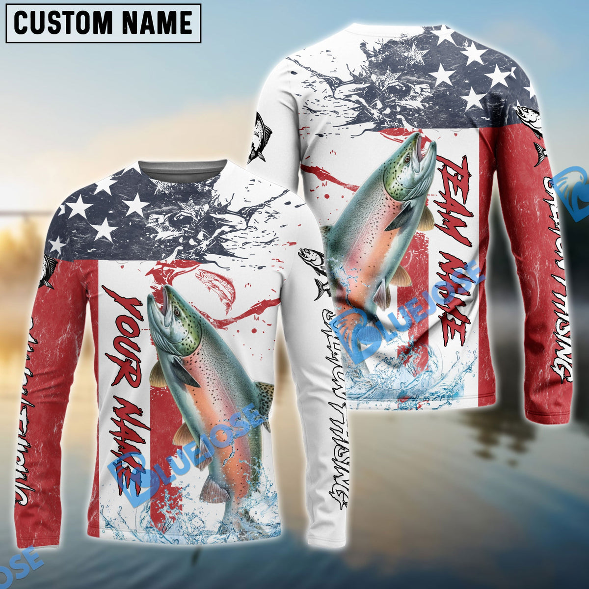 Bluejose Salmon Fishing American Flag Red Blue Seawave Custom Name &amp; Team Name 3D Shirts