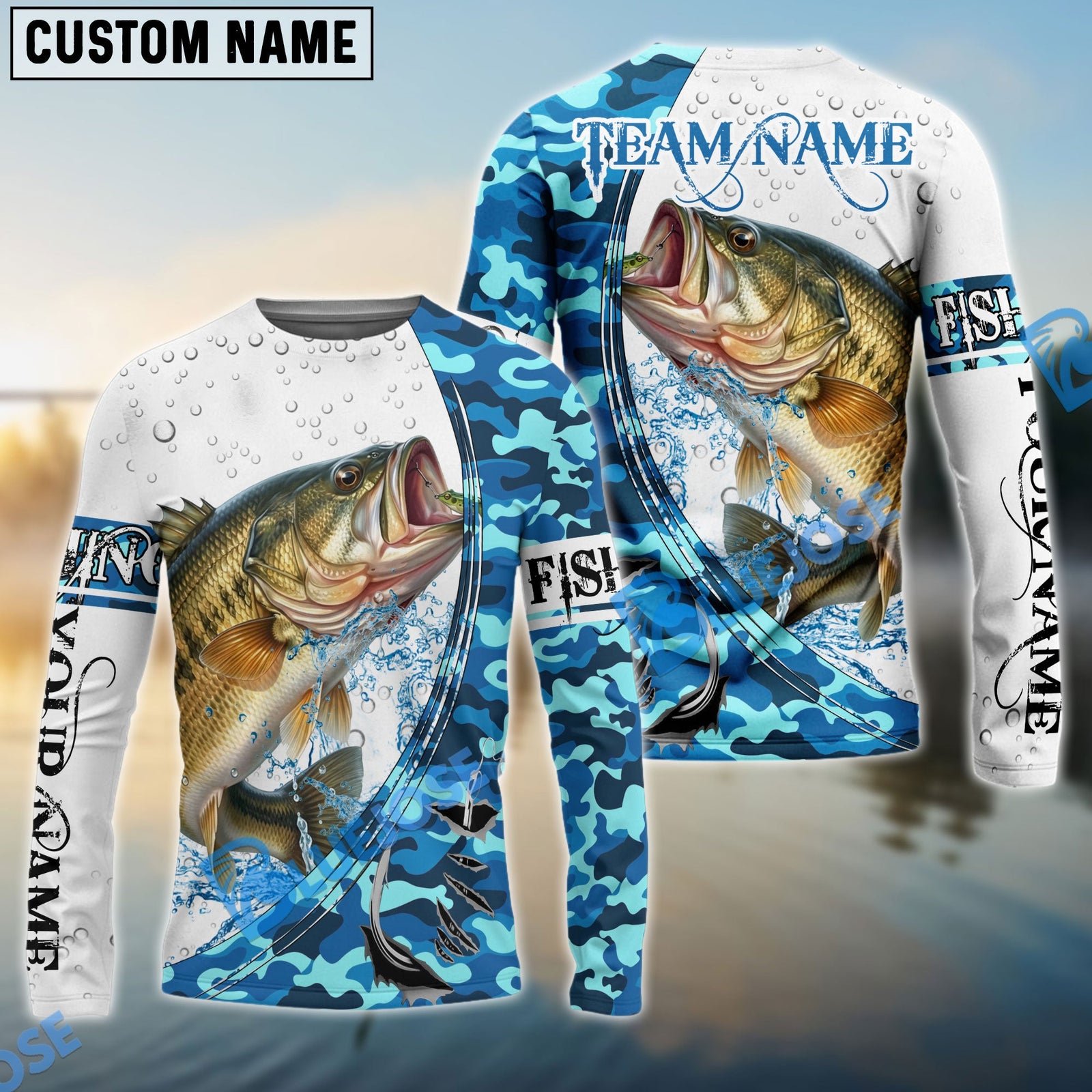 Bluejose Bass Fishing Blue Camouflage Water Splash Custom Name & Team Name 3D Shirts