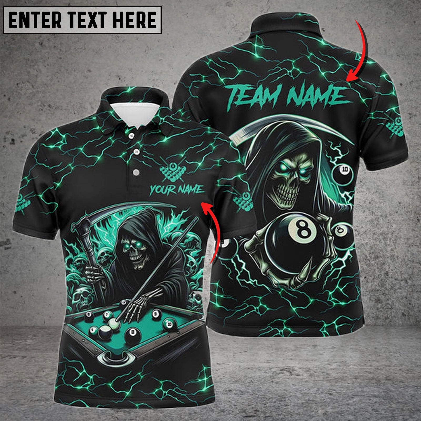 BlueJose Billiards Ball 8 Funny Death Skeleton Personalized Name & Team Name Shirt (4 Colors)