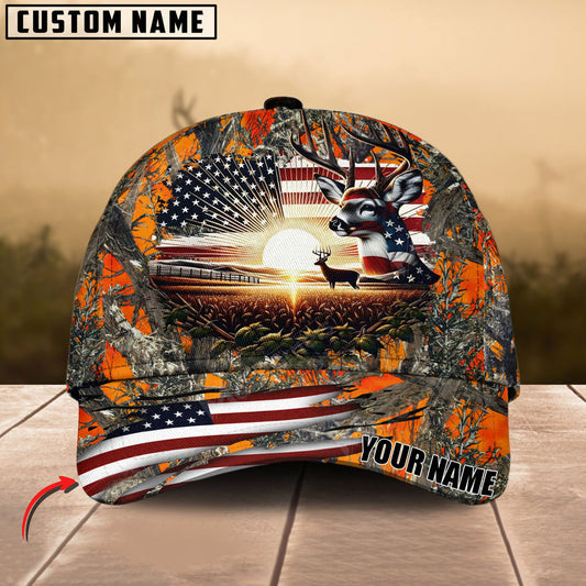 BlueJose Deer Hunting USA Flag Sunset Multicolor Personalized Cap