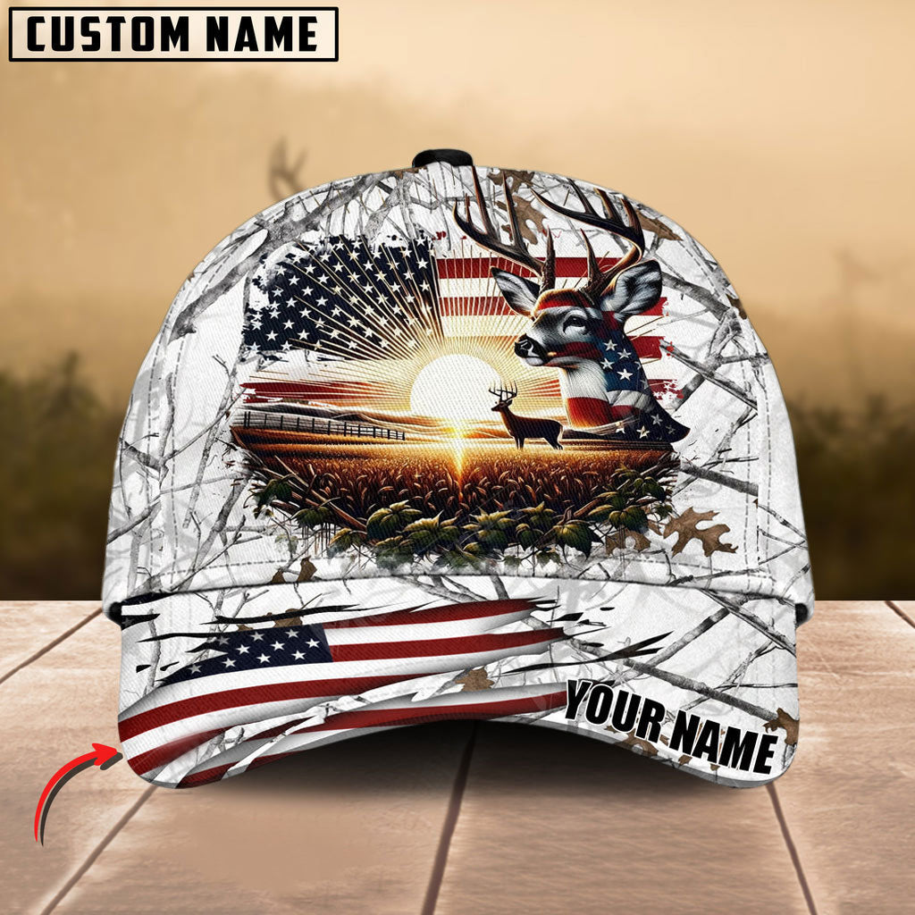 BlueJose Deer Hunting USA Flag Sunset Multicolor Personalized Cap