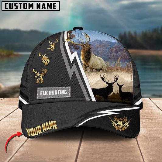 BlueJose Elk Hunting White Line Grey Pattern Multicolor Personalized Name 3D Cap