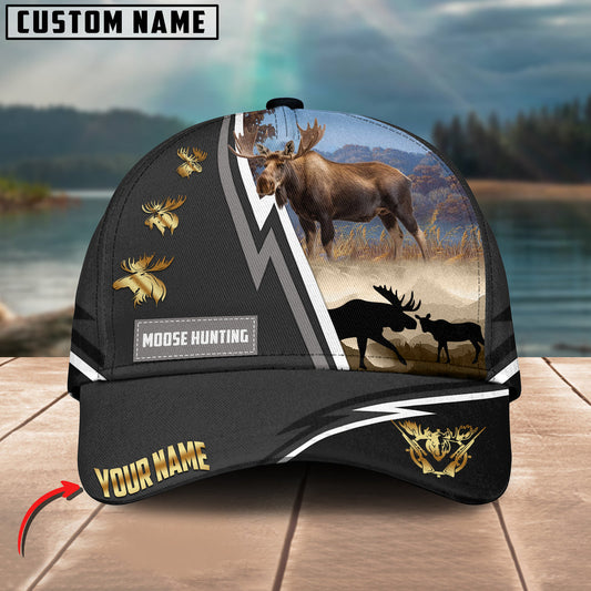 BlueJose Moose Hunting White Line Grey Pattern Multicolor Personalized Name 3D Cap