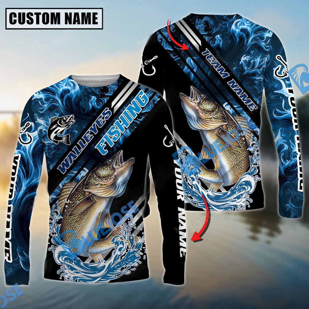 Bluejose Walleyes Fishing Blue Smoke Water Pattern Custom Name &amp; Team Name 3D Shirts