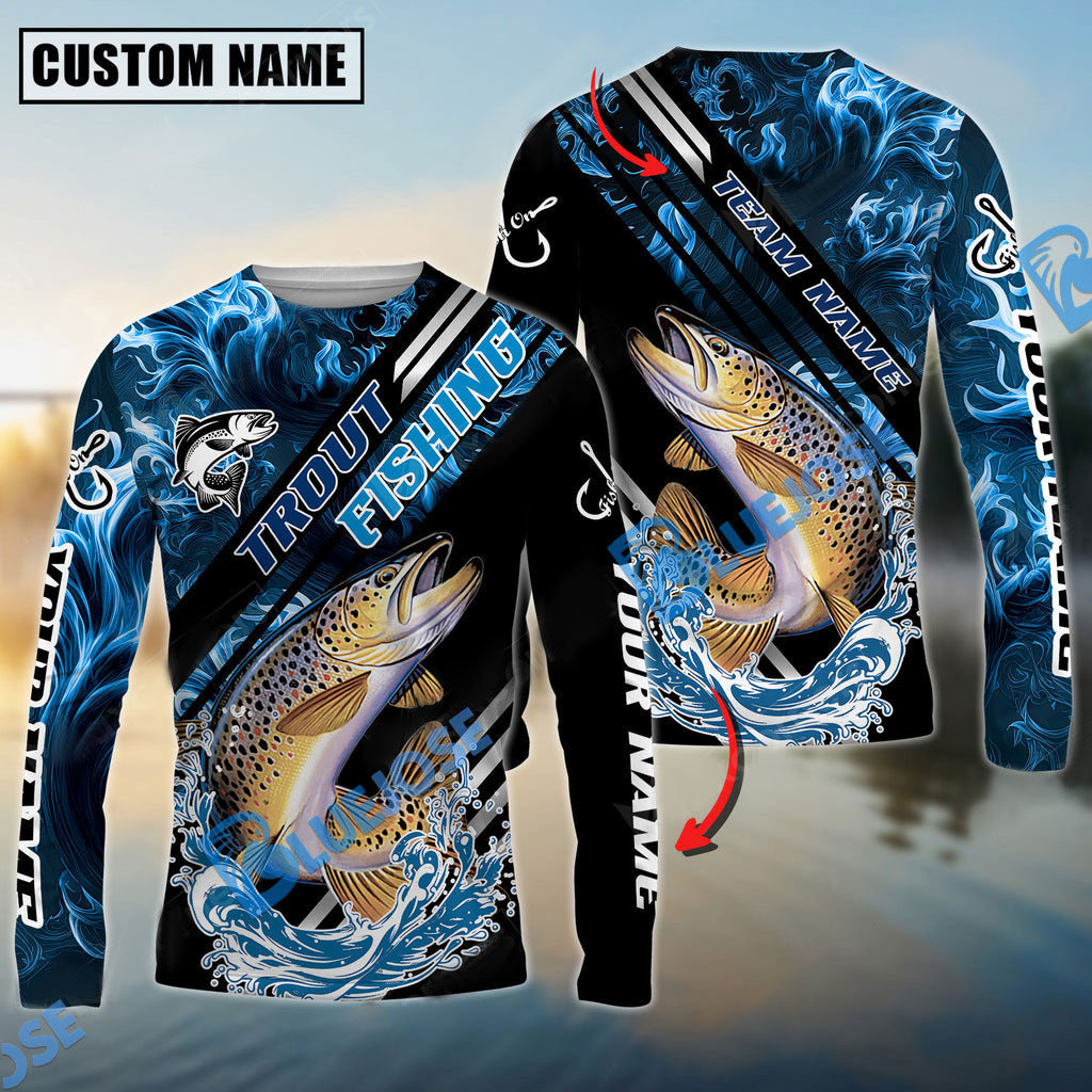 Bluejose Trout Fishing Blue Smoke Water Pattern Custom Name &amp; Team Name 3D Shirts