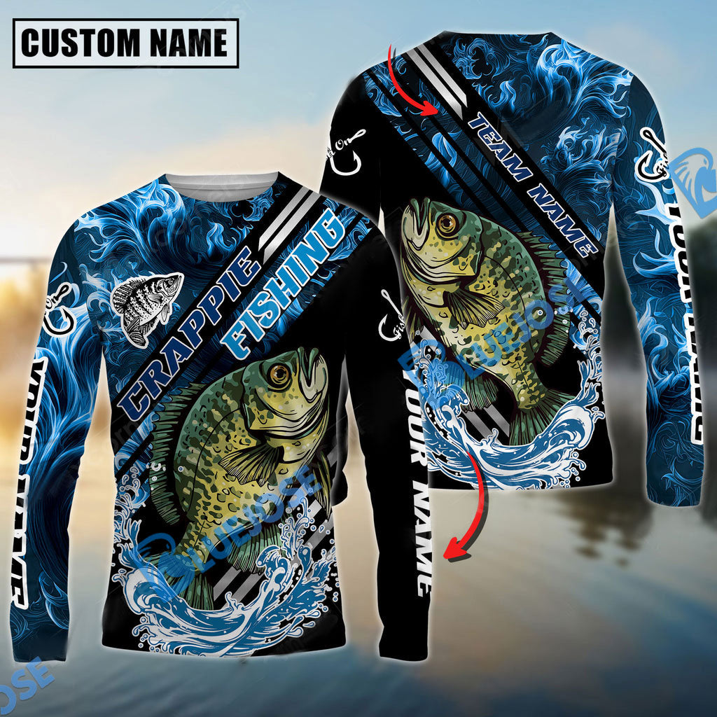 Bluejose Crappie Fishing Blue Smoke Water Pattern Custom Name &amp; Team Name 3D Shirts
