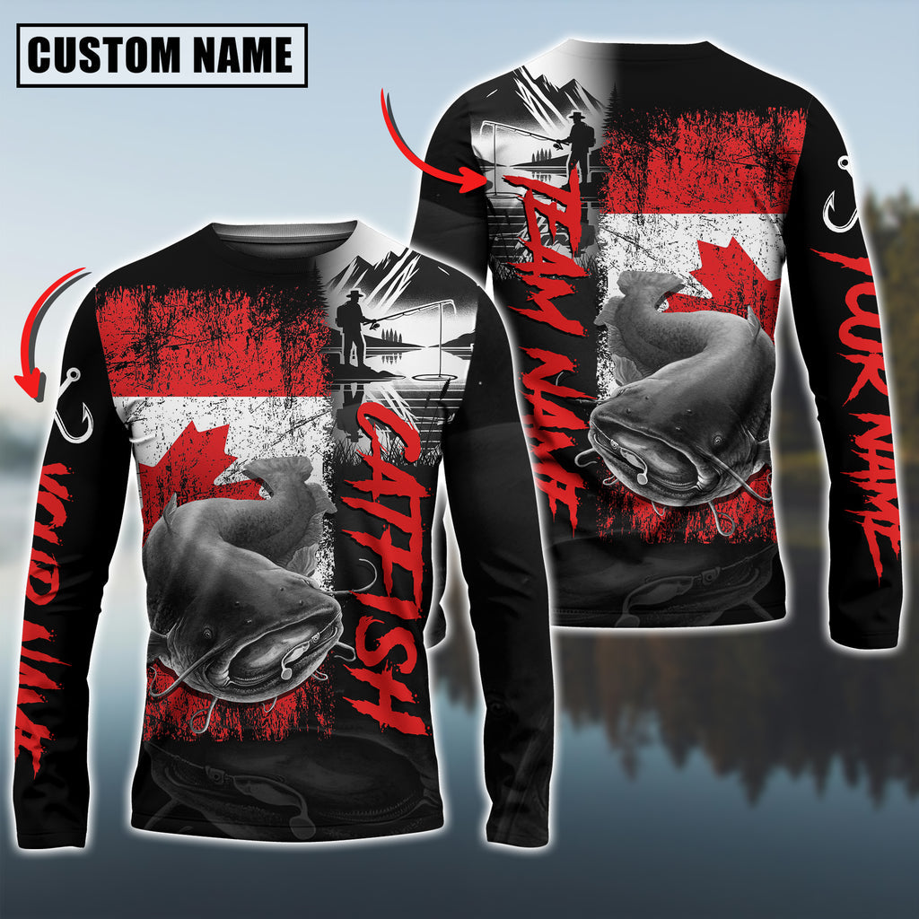 Bluejose Catfish Fishing Black Canada Flag Sport Custom Name &amp; Team Name 3D Shirts