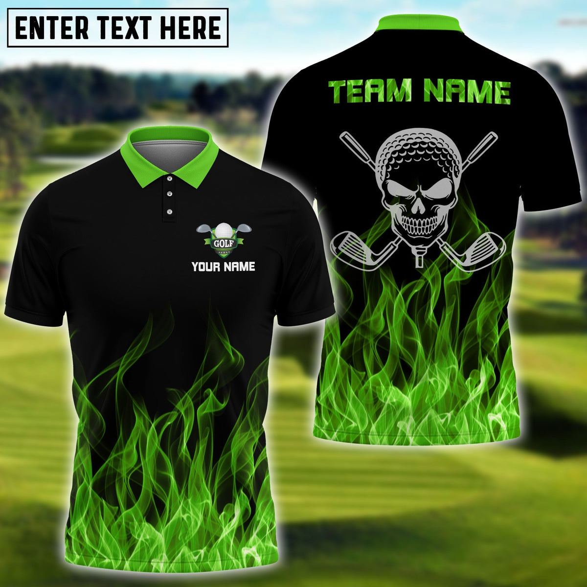 BlueJose Golf Green Flame Skull Personalized Name, Team Name 3D Shirt