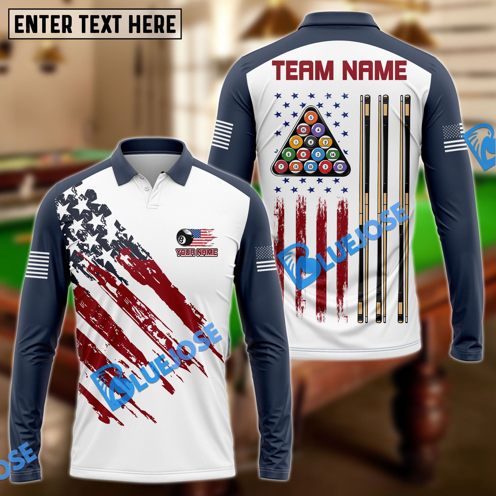 BlueJose Billiards Ball 8 US Flag Champion Pattern Personalized Name, Team Name Unisex Shirt