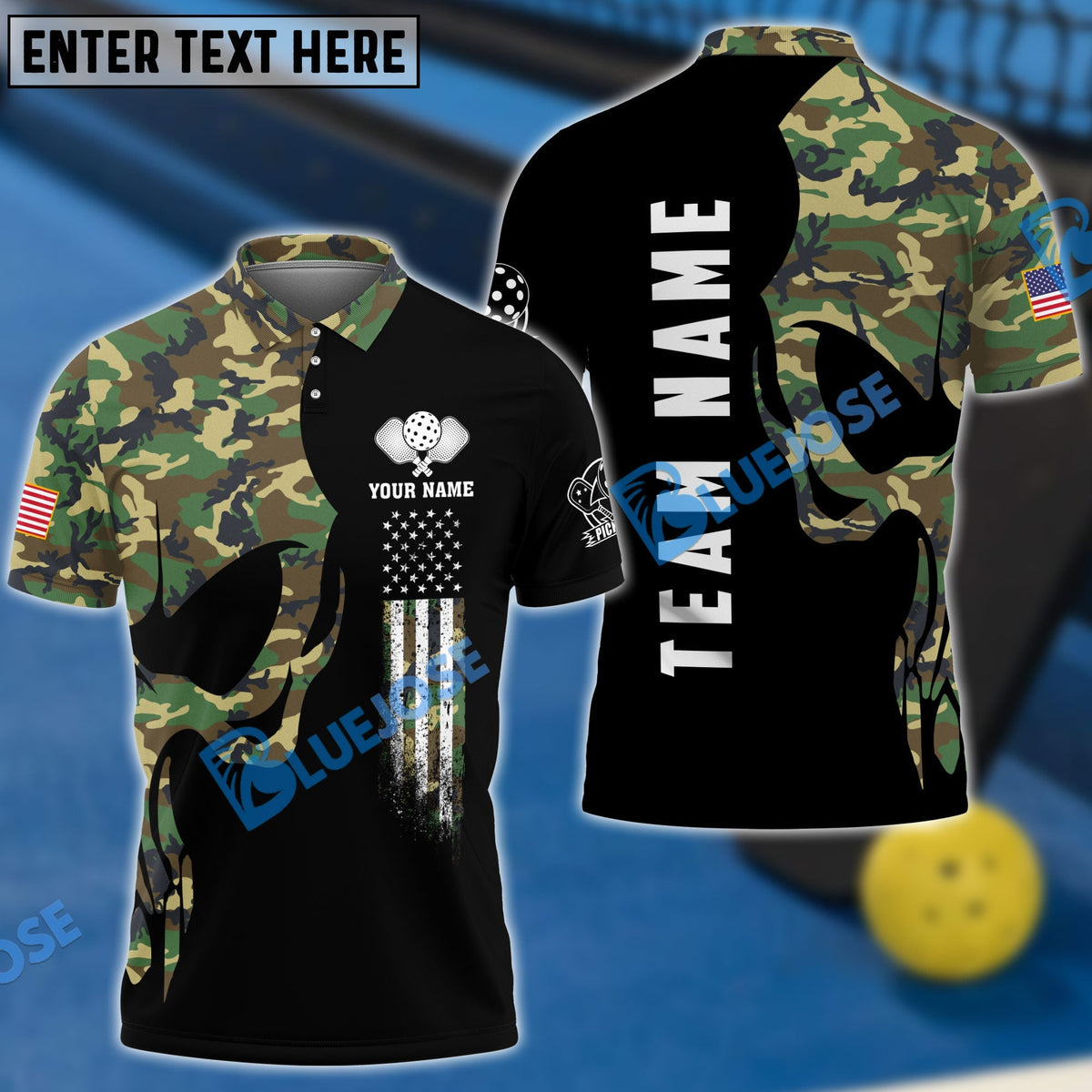 BlueJose Pickleball Skull Camo Personalized Name, Team Name Unisex Shirt (4 Colors)