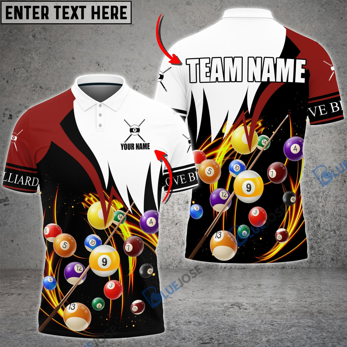 BlueJose Billiard Red &amp; White 9-Ball Personalized Name, Team Name Shirt