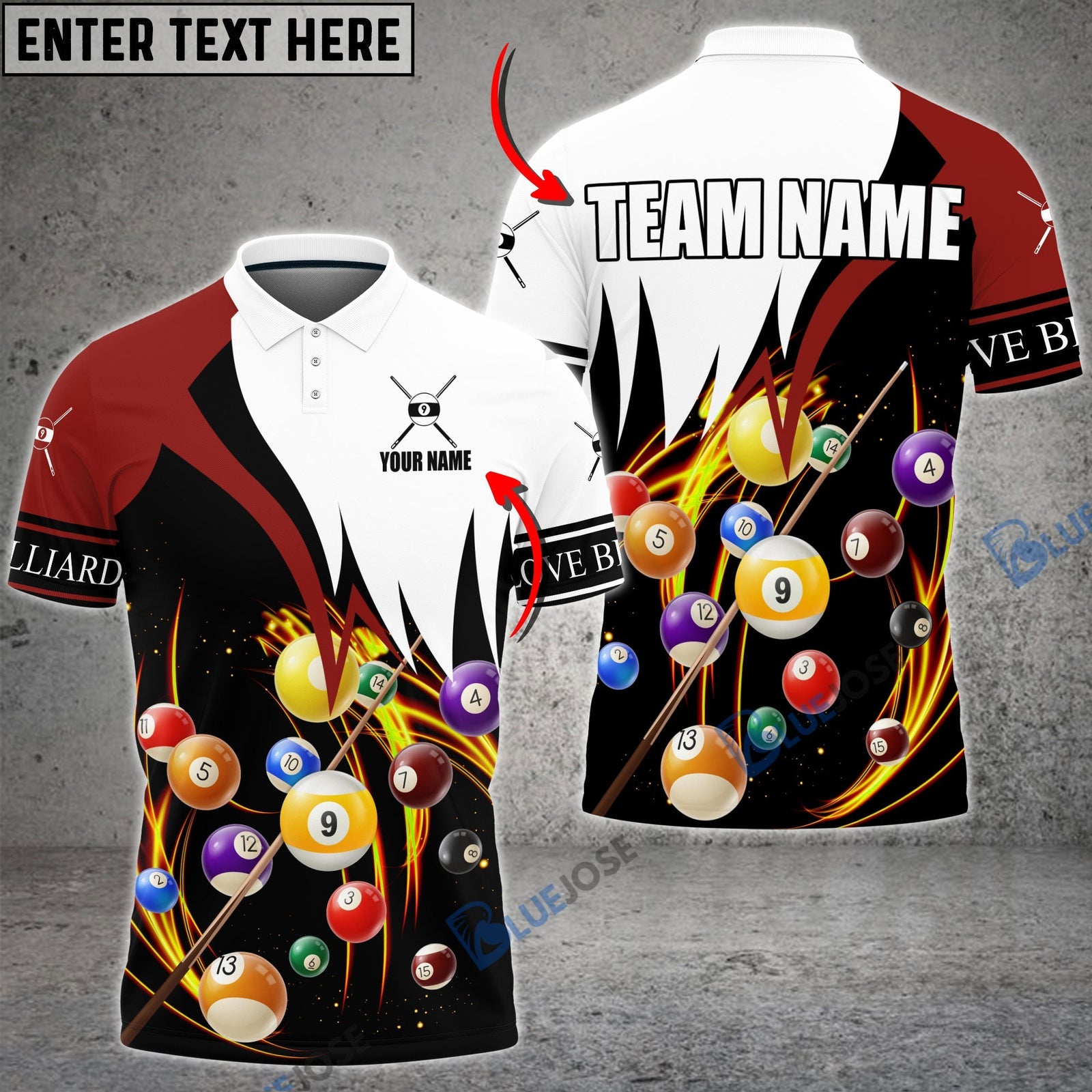 BlueJose Billiard Red & White 9-Ball Personalized Name, Team Name Shirt