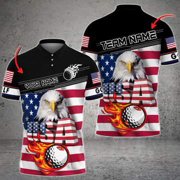 BlueJose Fire Golf Ball USA Eagle Personalized Name, Team Name 3D Shirt