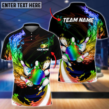 BlueJose Personalized Name Water Fire Rainbow Bowling And Pins 3D Shirt