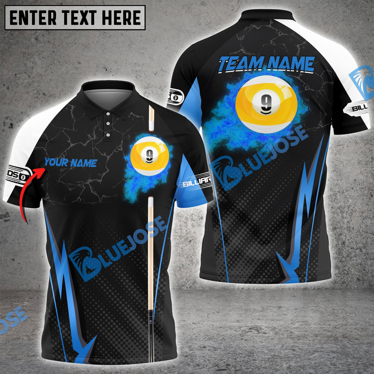 BlueJose Billiards Ball 9 Fire Cue Personalized Name, Team Name Unisex Shirt (4 Colors)