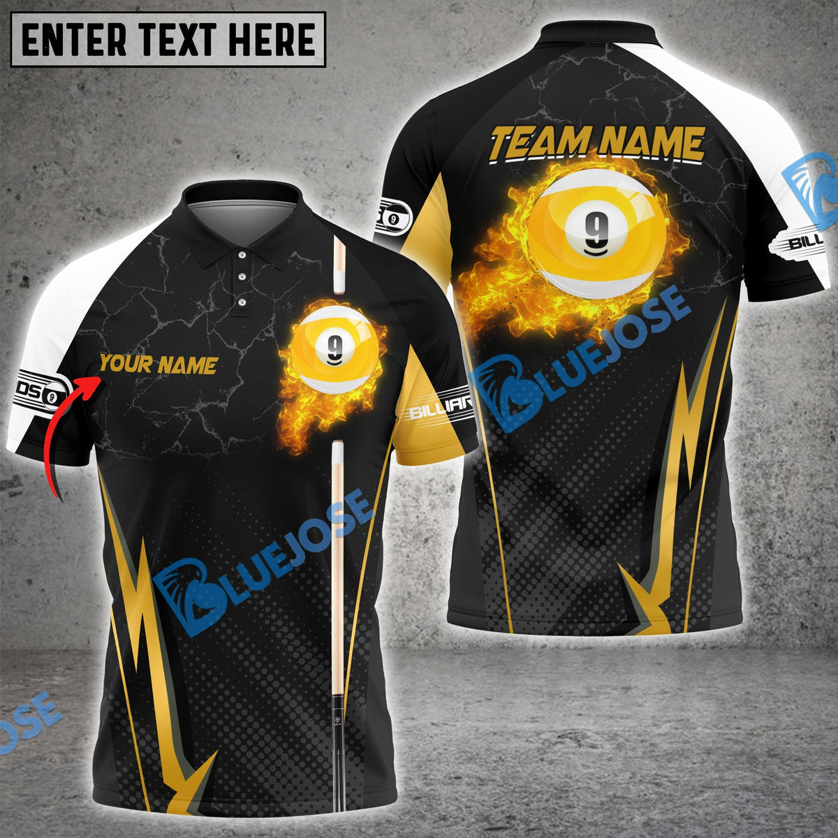 BlueJose Billiards Ball 9 Fire Cue Personalized Name, Team Name Unisex Shirt (4 Colors)