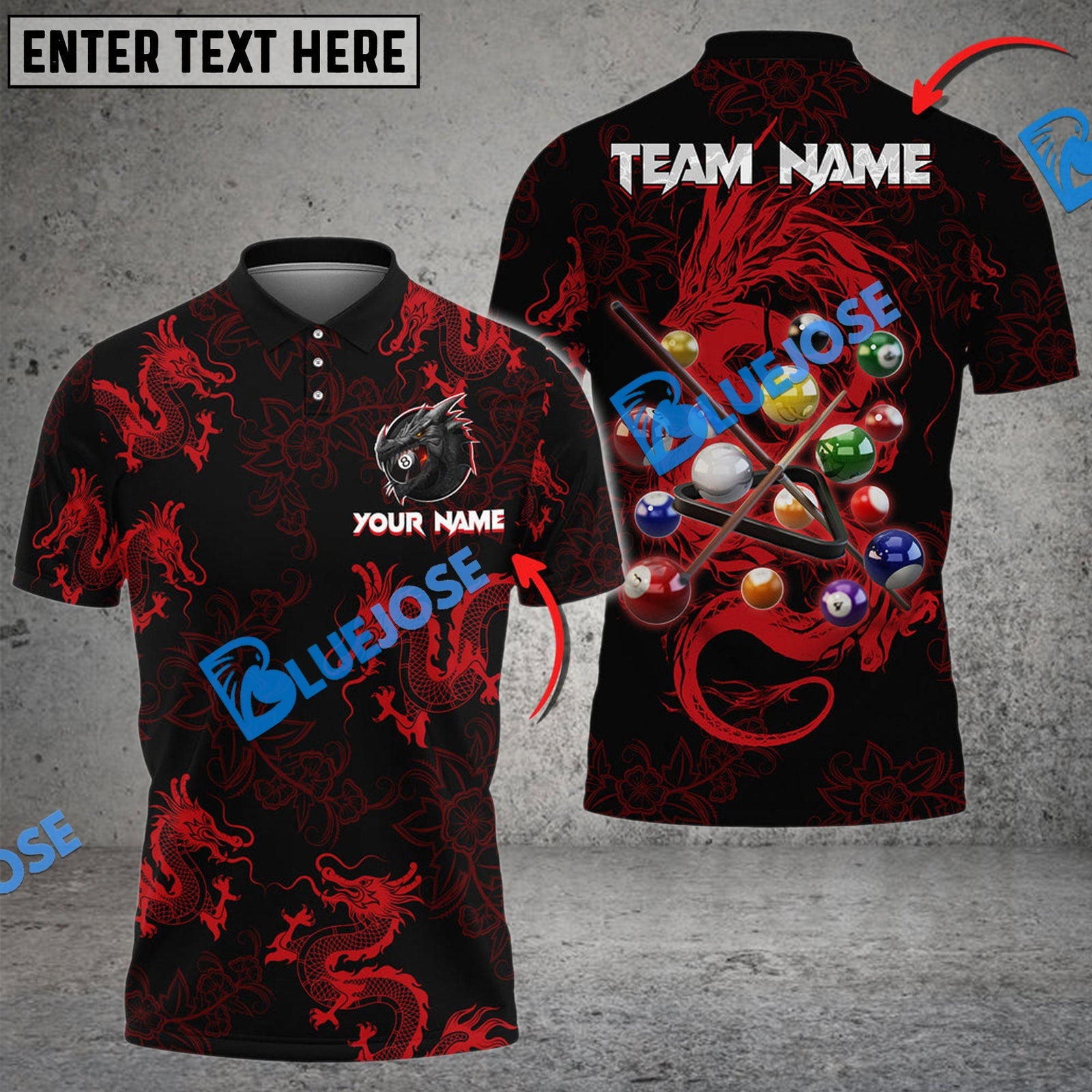 BlueJose Billiards Ball 8 Powerful Dragon Tattoos Personalized Name Shirt (4 Colors)