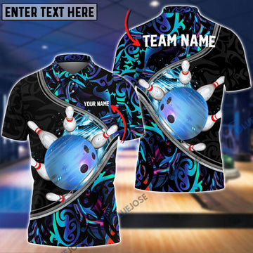 BlueJose Tattoo Color Bowling and Pins Personalized Name, Team Name 3D Shirt, Personalized Shirts For Bowling Players