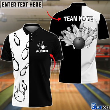 BlueJoses Bowling Black And White Customized Name, Team Name 3D Shirt