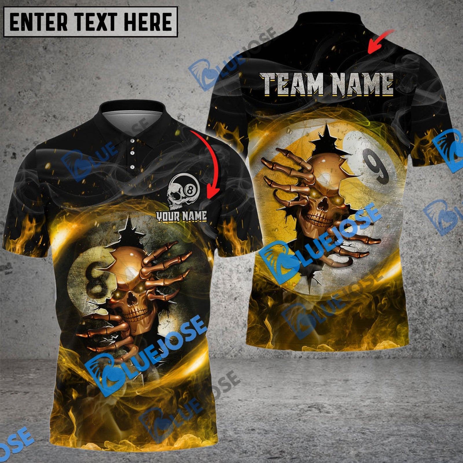 BlueJose Billiards Ball 8 And 9 Fire Skull Crack Personalized Name, Team Name Unisex Shirt (6 Colors)