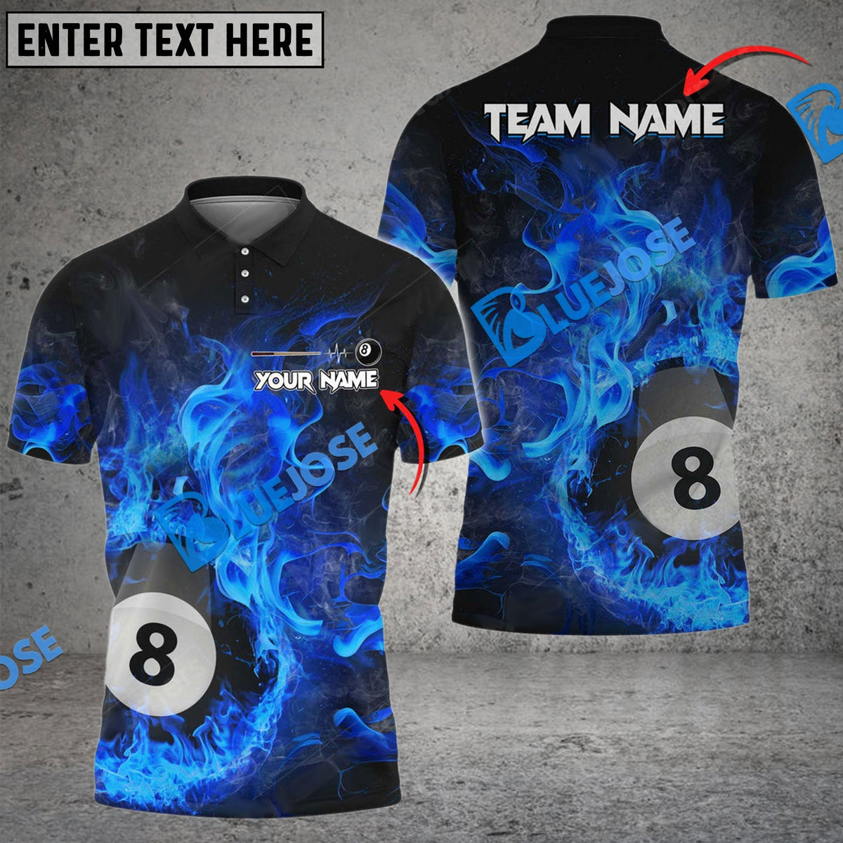 BlueJose Billiards Ball 8 Fire Art Premium Personalized Name, Team Name Unisex Shirt ( 4 Colors )