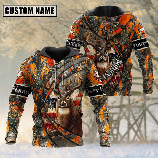 BlueJose Custom Name Hunting Deer Camo US Flag 3D Shirt