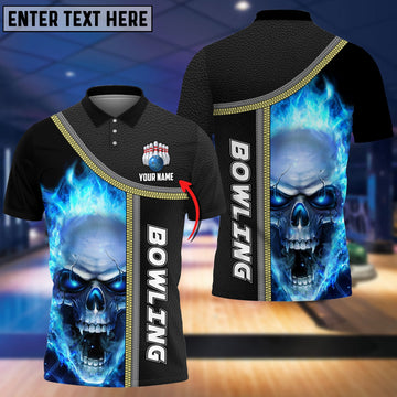 BlueJose Bowling Cyan Flame Skull Pattern Customized Name 3D Shirt