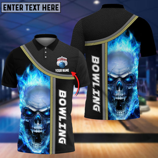 BlueJoses Bowling Cyan Flame Skull Pattern Customized Name 3D Shirt