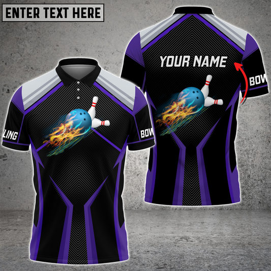 BlueJoses Purple Bowling And Pins Fire Premium Customized Name 3D Shirt