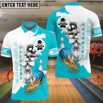 BlueJoses Cyan Bowling Ball Flame Skull Pattern Premium Customized Name 3D Shirt