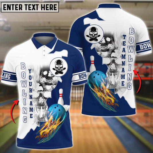 BlueJose Blue Bowling Ball Flame Skull Pattern Premium Customized Name 3D Shirt