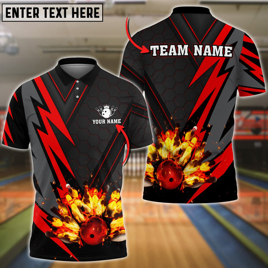 BlueJoses Bowling Ball  And Pins Flame Red Thunder Pattern Premium Customized Name 3D Shirt