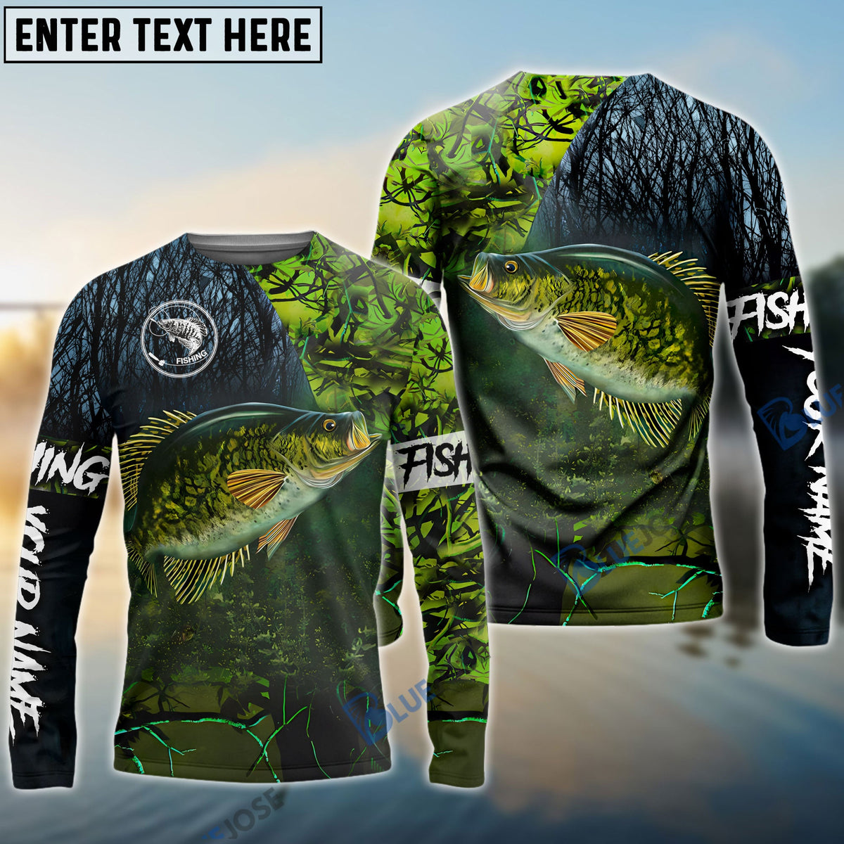 Bluejose Crappie Fishing Green Camo Custom Name Performance Long Sleeve   Fishing Shirts