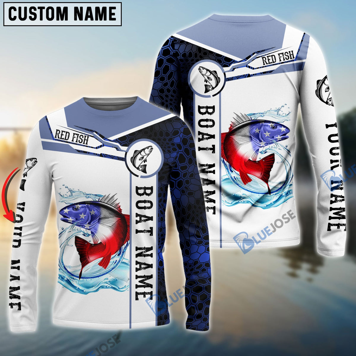 Bluejose Redfish Fishing Blue Camo American Flag Custom Name &amp; Boat Name 3D Shirts