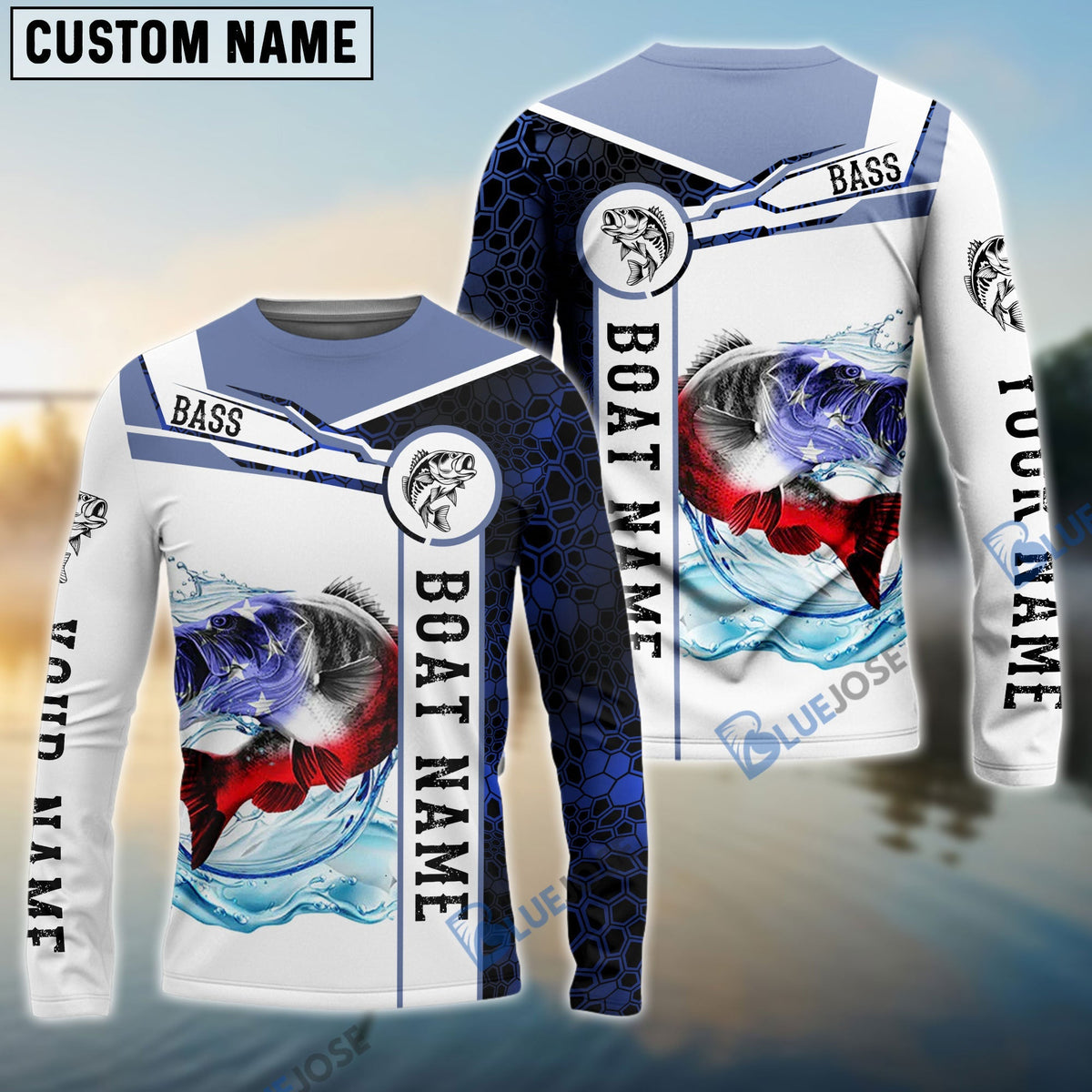 Bluejose Bass Fishing Blue Camo American Flag Custom Name &amp; Boat Name 3D Shirts