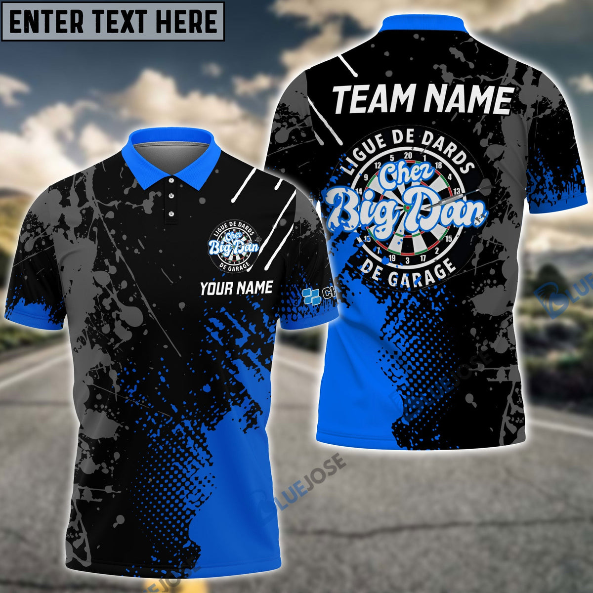 BlueJoses Darts Paint Style Blue Charl-Pol Logo Customized Name Shirt
