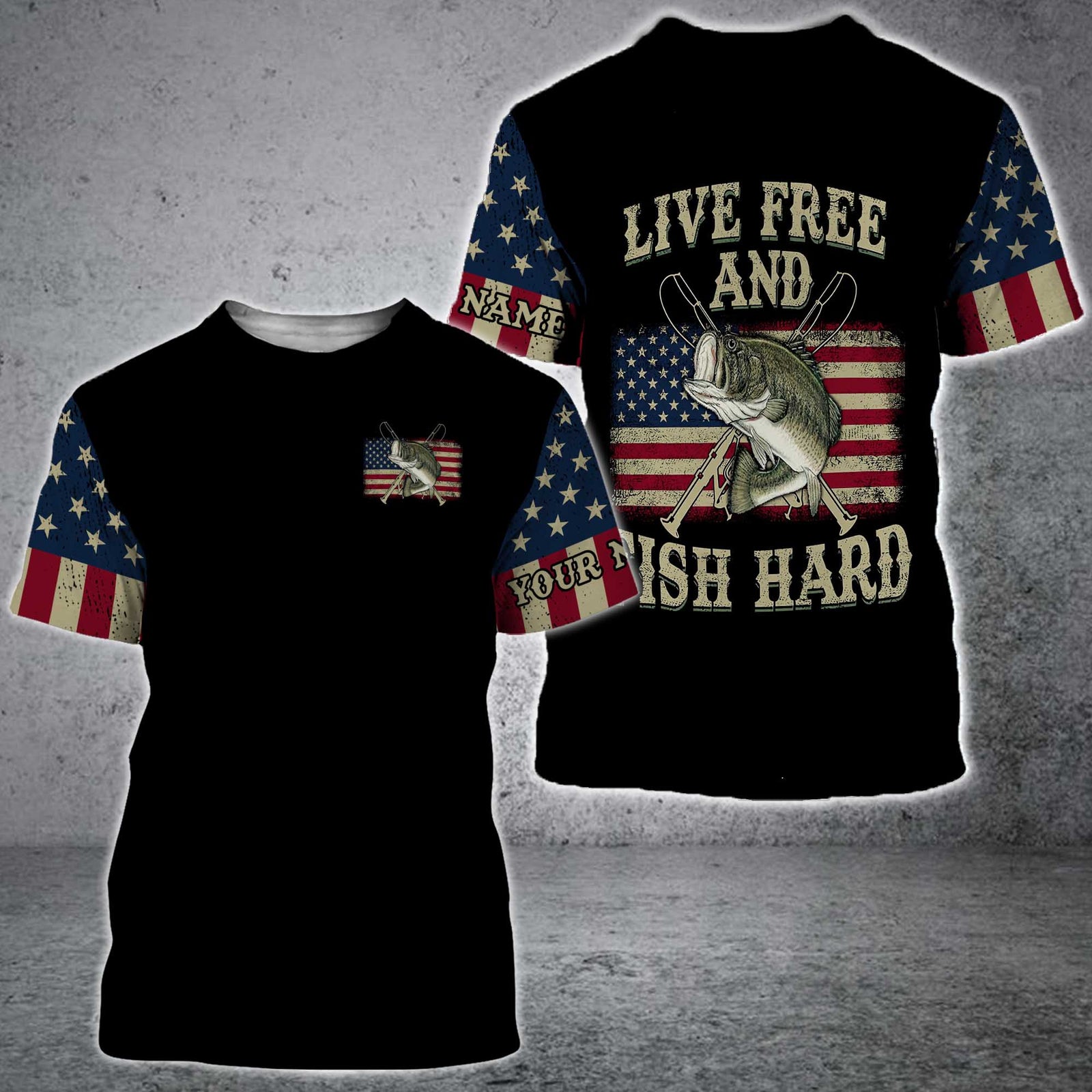 BlueJose "Live Free And Fish Hard" Bass Fishing Customize Name Shirt