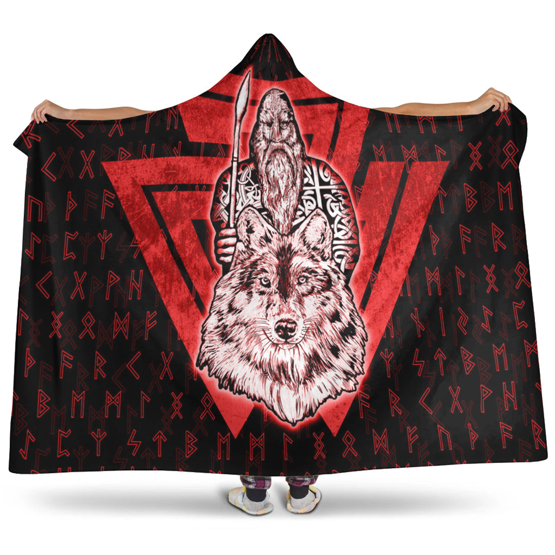 VikingStyle Hooded Blanket -Viking Odin Wolf Red Hooded Blanket A95