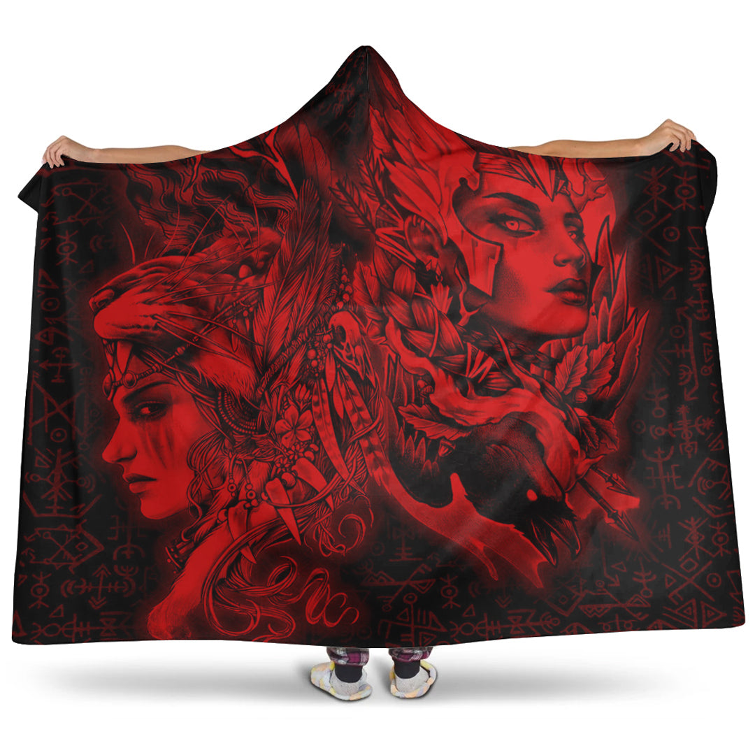 VikingStyle Hooded Blanket - Valkyries And Bear Raven Red Maiden Hooded Blanket A95