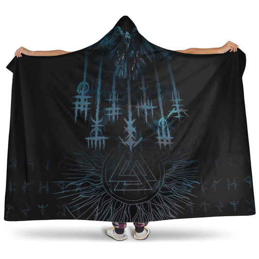 VikingStyle Hooded Blanket -Raven and Valknut Cyan Style  Hooded Blanket A94